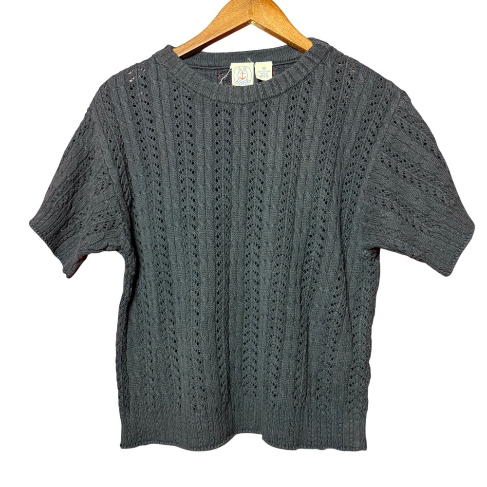 Vintage JG Hook Women Medium Black Pointelle Cable Knit Cotton Sweater Shirt
